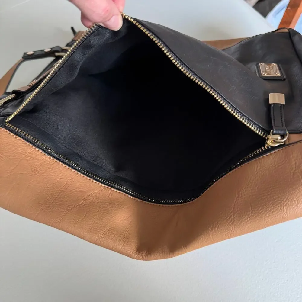 Nine West Brown Black Two Tone Faux Leather Medium Tote Bag Zip Top